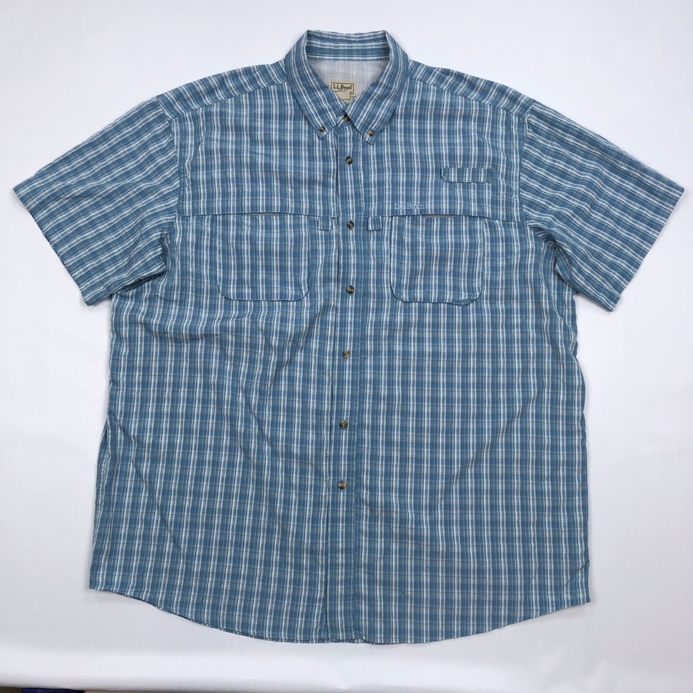 LL Bean Mens XXL Tall Blue Plaid Short Sleeve Fishing Shirt Vented 255101